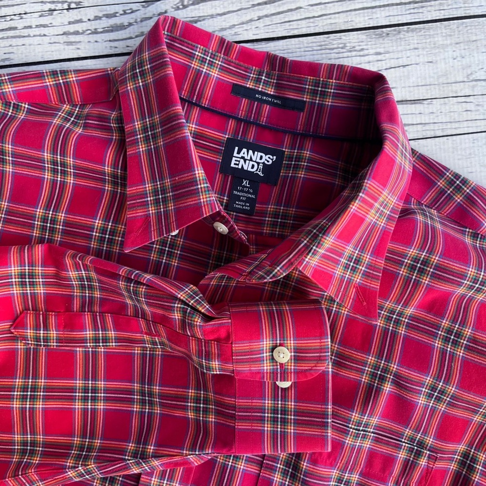 Lands End Mens Tartan Red Plaid Button Down Shirt Traditional Fit XL No Iron